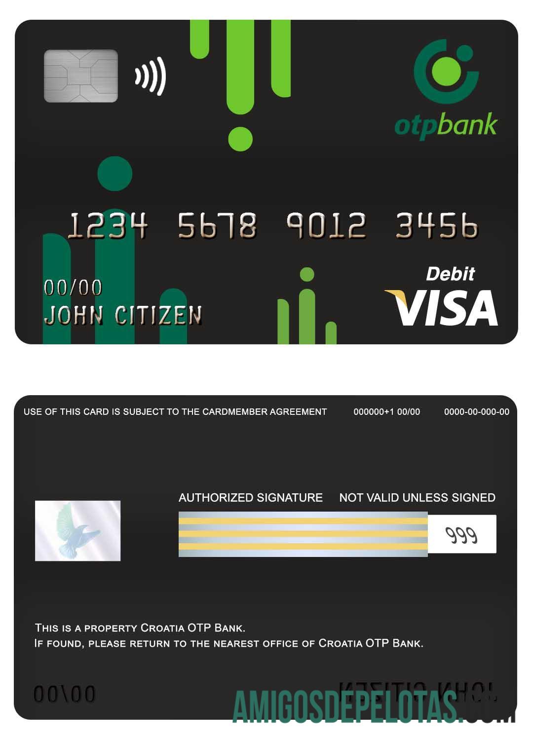 Cartão de débito Visa do banco OTP da Croácia exemplo real